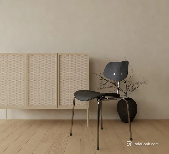 Stylish Dining Chair With Woven Panel Cabinet And Black Vase On Wooden Floor 3d model 