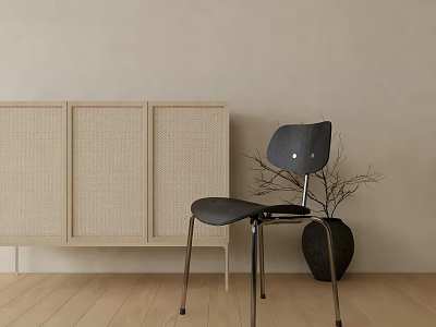 Stylish Dining Chair With Woven Panel Cabinet And Black Vase On Wooden Floor 3d model