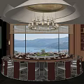 Elegant Private Dining Room With Round Table Chandelier And Scenic Mountain View 3d model