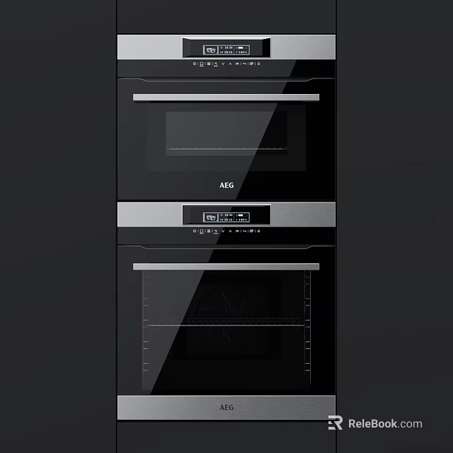 AGD Built in Double Oven Kitchen Appliances With Black Glass Panel Silver Trim Digital 3d model 