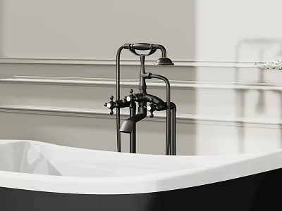 White Bathtub with Black Rim Black Faucet on Light Wall and Horizontal Line Decor 3d model