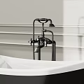 White Bathtub with Black Rim Black Faucet on Light Wall and Horizontal Line Decor