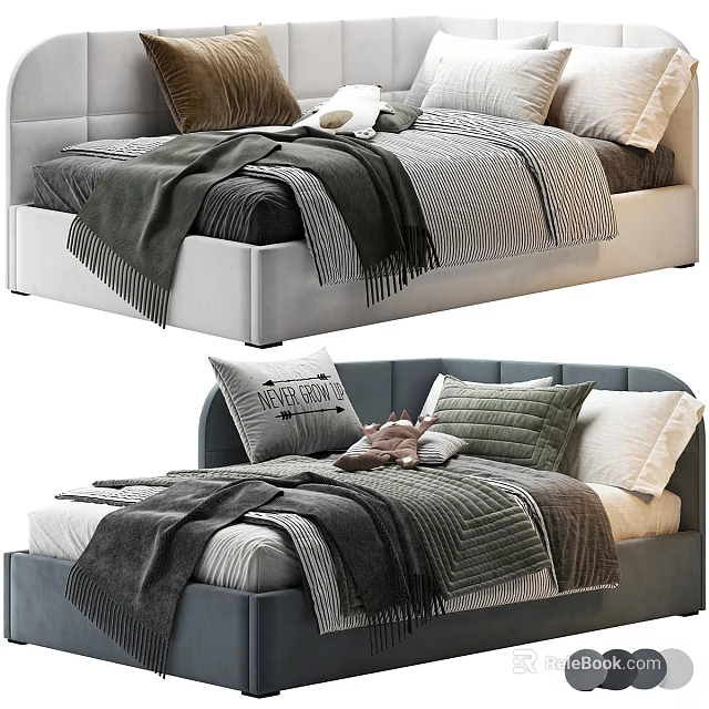 Modern Kids Bed With Upholstered Headboard Decorative Pillows And Soft Blankets 3d model 