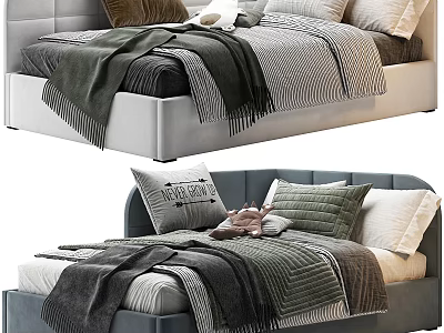 Modern Kids Bed With Upholstered Headboard Decorative Pillows And Soft Blankets 3d model