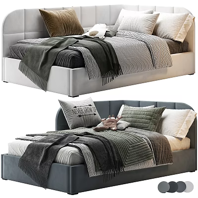 Modern Kids Bed With Upholstered Headboard Decorative Pillows And Soft Blankets 3d model