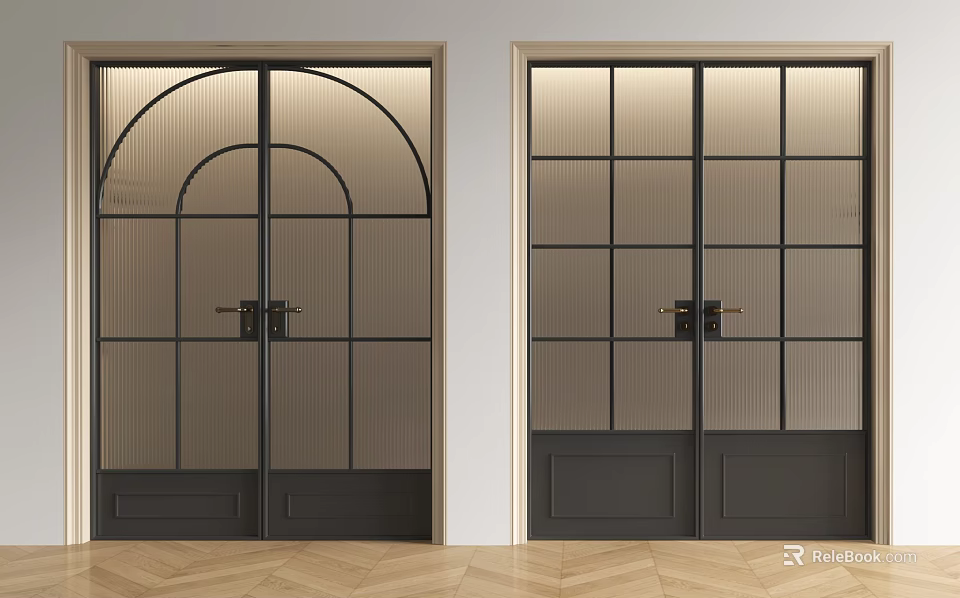 Modern Black Framed Sliding Doors with Frosted Glass in Interior Wooden Floor 3d model 