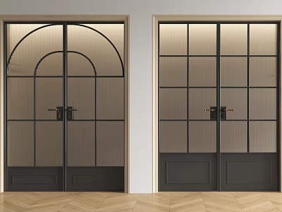 Modern Black Framed Sliding Doors with Frosted Glass in Interior Wooden Floor 3d model