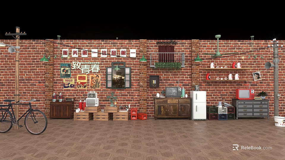 Vintage Industrial Style Entryway Cabinet And Side Cabinet With Brick Wall Decor 3d model 