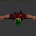 3D Model Man In Green Hat Red Black Checkered Shirt Blue Overalls With Arms Outstretched