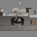 White L Shaped Sofa Black Round Coffee Table Set With Decorative Pillows Throw Blanket 3d model
