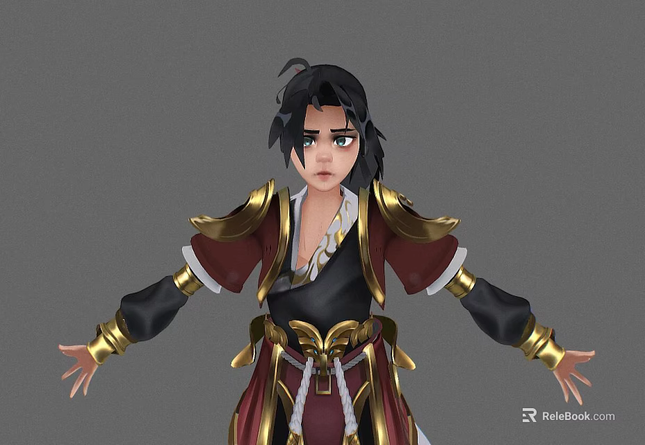 Woman In Red Black Traditional Outfit With Gold Accents Standing With Arms Outstretched 3d model 