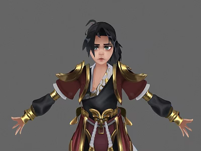 Woman In Red Black Traditional Outfit With Gold Accents Standing With Arms Outstretched 3d model