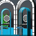 Live Stream Studio With Blue Floor Cloud Decorations Arched Doorways Green Plants And Dressing Tables