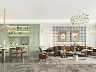 American-style guest restaurant living room sofa coffee table sofa background wall restaurant western table single chair dining table chair chandelier 3d model
