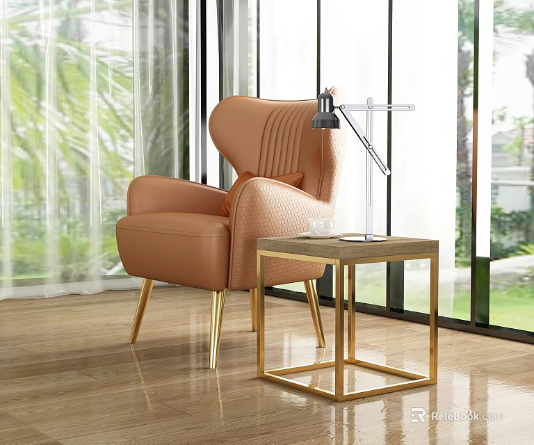 Elegant Brown Leather Accent Chair With Gold Legs Side Table And Lamp By Window Greenery 3d model 