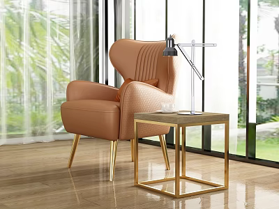 Elegant Brown Leather Accent Chair With Gold Legs Side Table And Lamp By Window Greenery 3d model