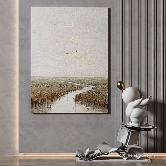 Modern Interior With Landscape Painting Path Through Grassy Water And White Sculpture 3d model