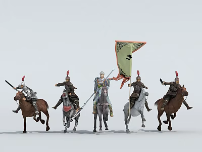 Five Ancient Horsemen Riding in Formation with Li Flag in Historical Scene 3d model