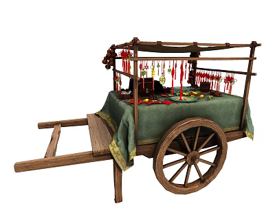 Vintage Wooden Vendor Cart With Green Cloth And Colorful Hanging Ornaments 3d model