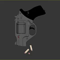 Silver Metal Revolver With Black Grip And Red Logo Near Bullets