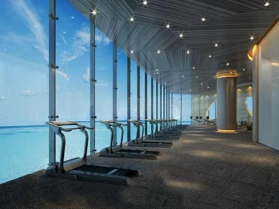 Modern Fitness Center With Treadmills Ocean View Large Windows And Spacious Interior 3d model