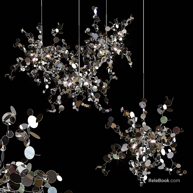 Modern Artistic Chandelier with Hanging Shiny Metallic Discs and Decorative Elements 3d model 