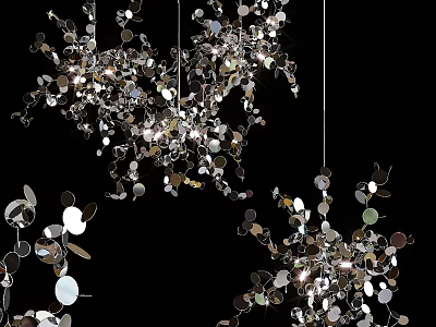 Modern Artistic Chandelier with Hanging Shiny Metallic Discs and Decorative Elements 3d model