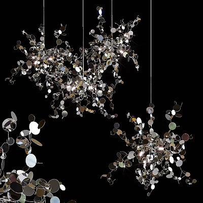 Modern Artistic Chandelier with Hanging Shiny Metallic Discs and Decorative Elements 3d model