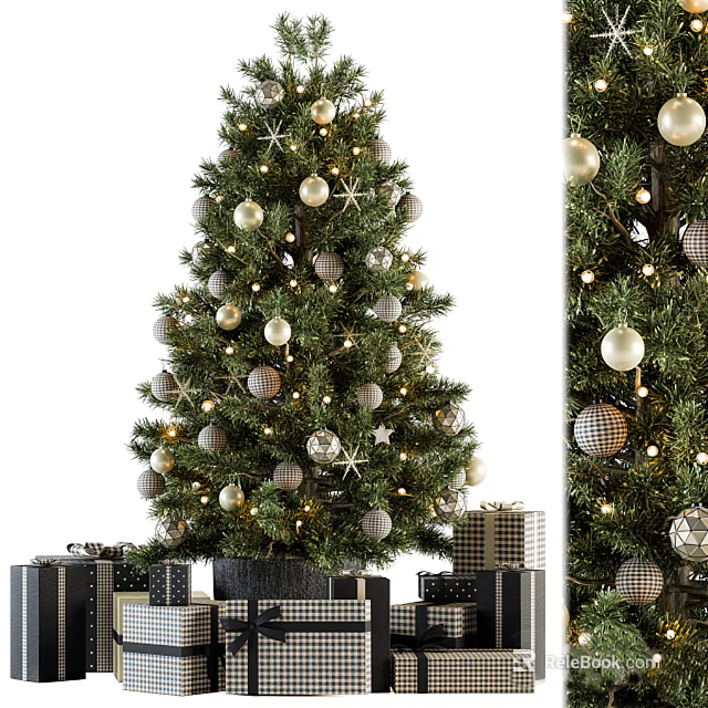 Festive Holiday Christmas Tree Decorated With Ornaments Lights And Gift Boxes 3d model 