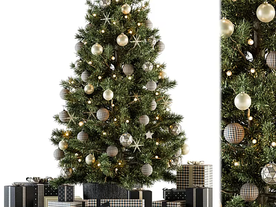 Festive Holiday Christmas Tree Decorated With Ornaments Lights And Gift Boxes 3d model