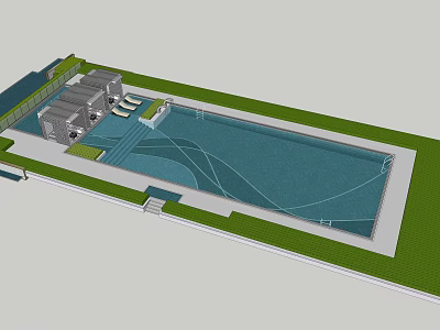 Modern Swimming Pool Area With Building Green Lawn And Outdoor Steps 3d model