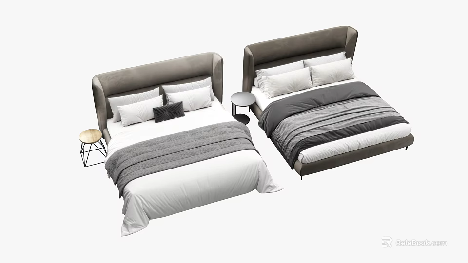 Modern Double Bed With Grey Headboard White Grey Bedding And Small Nightstands 3d model 