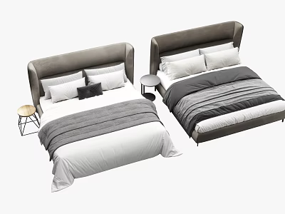 Modern Double Bed With Grey Headboard White Grey Bedding And Small Nightstands 3d model