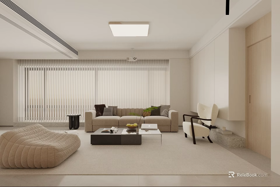 Soft Warm Beige Living Room Interior Design With Comfortable Sofas Lounge Chairs And Elegant Curtains 3d model 