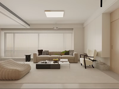 Soft Warm Beige Living Room Interior Design With Comfortable Sofas Lounge Chairs And Elegant Curtains 3d model
