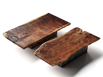 Two Natural Wood Coffee Tables With Unique Grain And Black Metal Bases 3d model