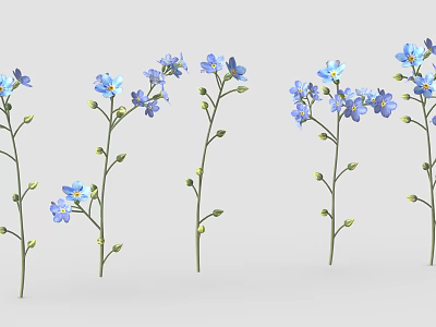 Small Blue Flowers With Green Leaves On Stems Arranged In A Row 3d model