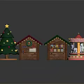 Christmas Scene Elements With Decorated Tree Lighted Wooden Cabin And Colorful Carousel