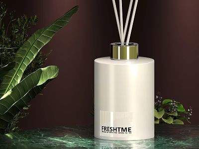White Reed Diffuser Bottle Fresh Time Featuring Metallic Cap Green Plants And Marble Countertop 3d model
