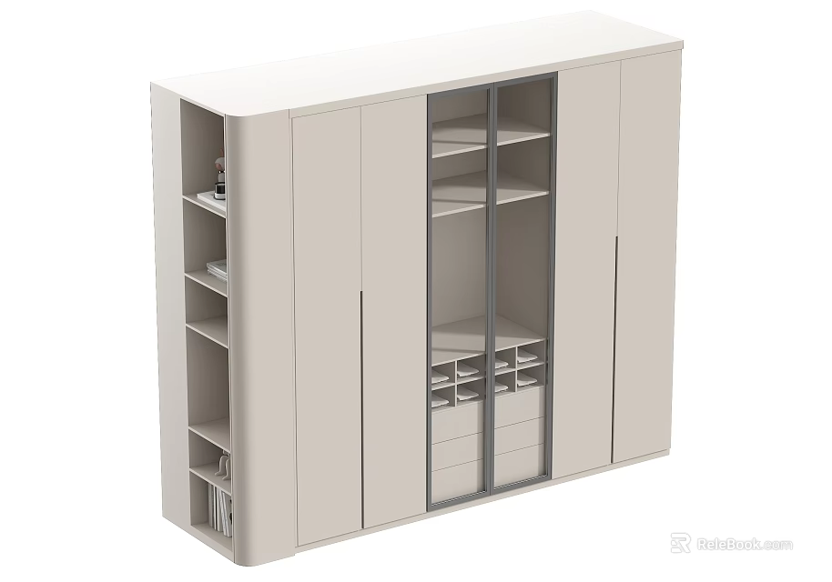 Modern Wardrobe Design With Sliding Glass Doors Wooden Shelves And Storage Drawers 3d model 