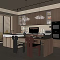 Modern Restaurant Kitchen With Dark Wooden Cabinets Island Counter Dining Table And Hanging Lights