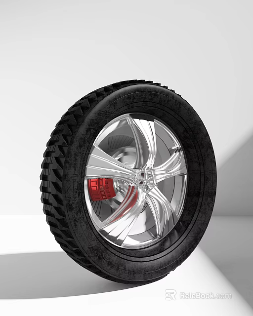 Car Tire with Silver Alloy Wheel Red Brake Caliper and Deep Tread Design 3d model 