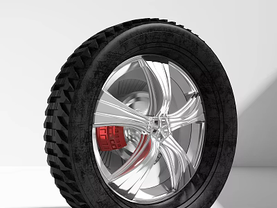 Car Tire with Silver Alloy Wheel Red Brake Caliper and Deep Tread Design 3d model