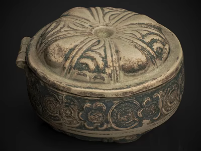 Traditional Intricately Carved Storage Box With Decorative Lid Featuring Central Hole And Floral Patterns 3d model