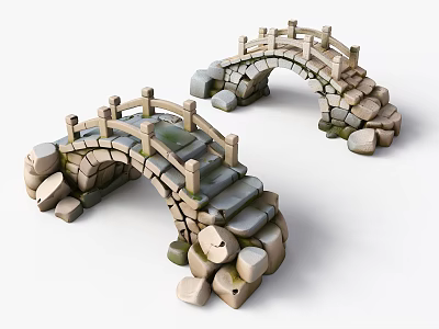 Two Stone Landscape Bridges with Arch Structure Wooden Railings and Steps on Stone Piers 3d model