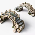 Two Stone Landscape Bridges with Arch Structure Wooden Railings and Steps on Stone Piers