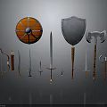 Assorted Medieval Weapons Collection Showcasing Shields Swords Axes Bows and Daggers 3d model