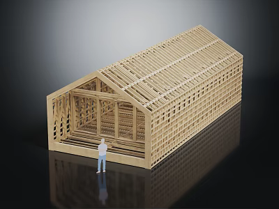 Wooden Building Model Structure with Framed Walls Roof Trusses and Standing Figure 3d model