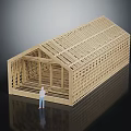 Wooden Building Model Structure with Framed Walls Roof Trusses and Standing Figure