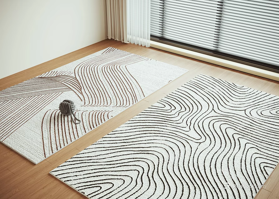 Square Rugs With Wave Patterns In Modern Room With Wood Floor 3d model